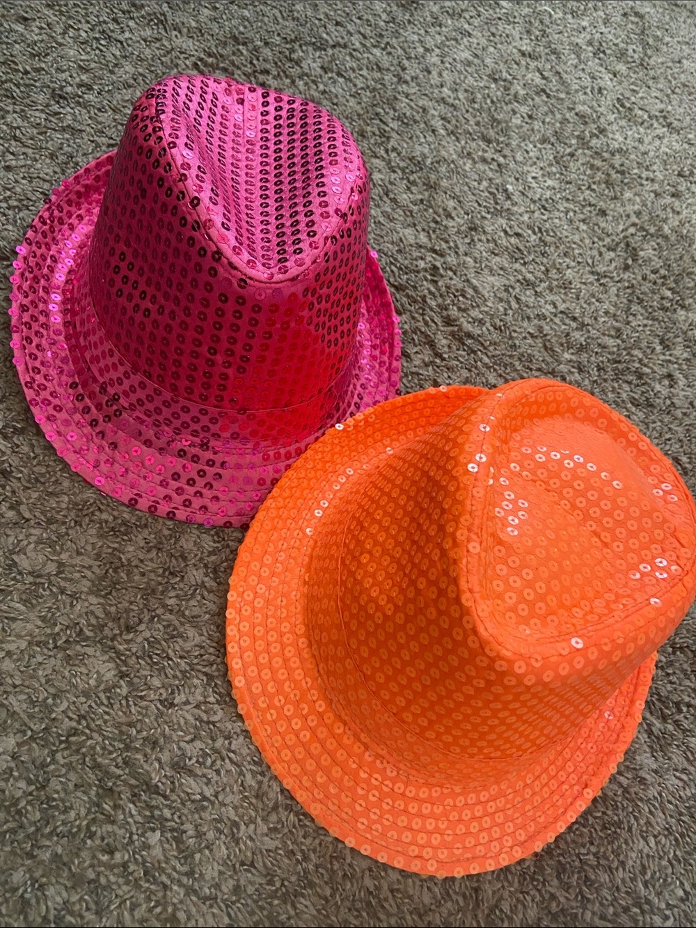 Sequin Fedora Hat Duo - Bright Pink & Neon Orange